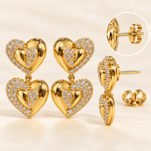 Gold-Tone Double Heart Crystal Drop Earrings