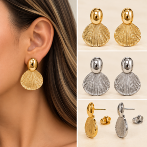 Textured Fan Drop Earrings – 14K Gold-Plated & Rhodium Finish