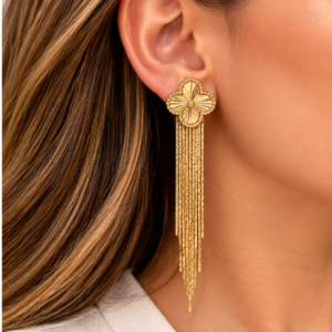 Gold Clover Tassel Earrings