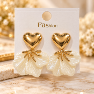 Gold Heart and Ivory Petal Drop Earrings