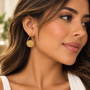 14K Gold-Plated Filigree Drop Earrings with Green Stone