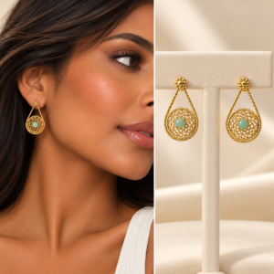 Gold Filigree Drop Earrings with Green Stones